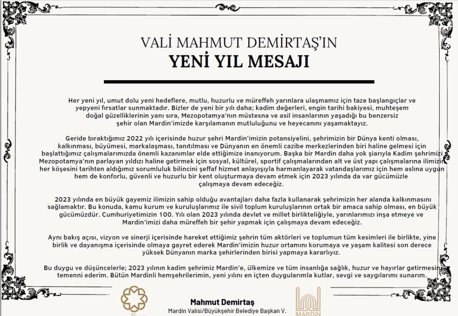 Mardin Valisi Mahmut Demirtaş’ın yeni yıl mesajı